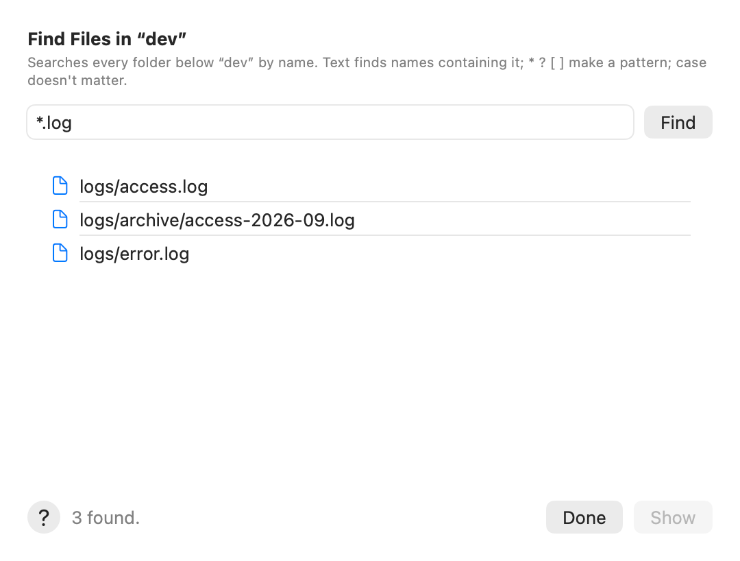 Find Files in dev with *.log: three results
