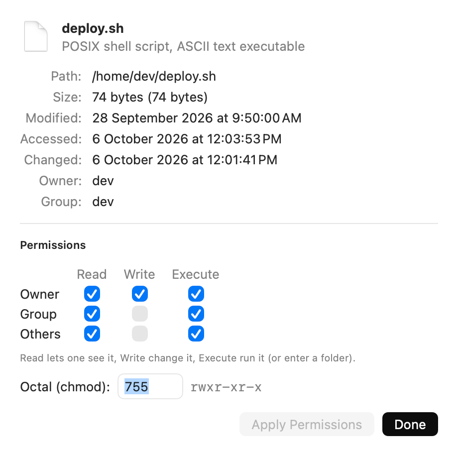Get Info for deploy.sh: kind, path, size, dates, owner and permissions