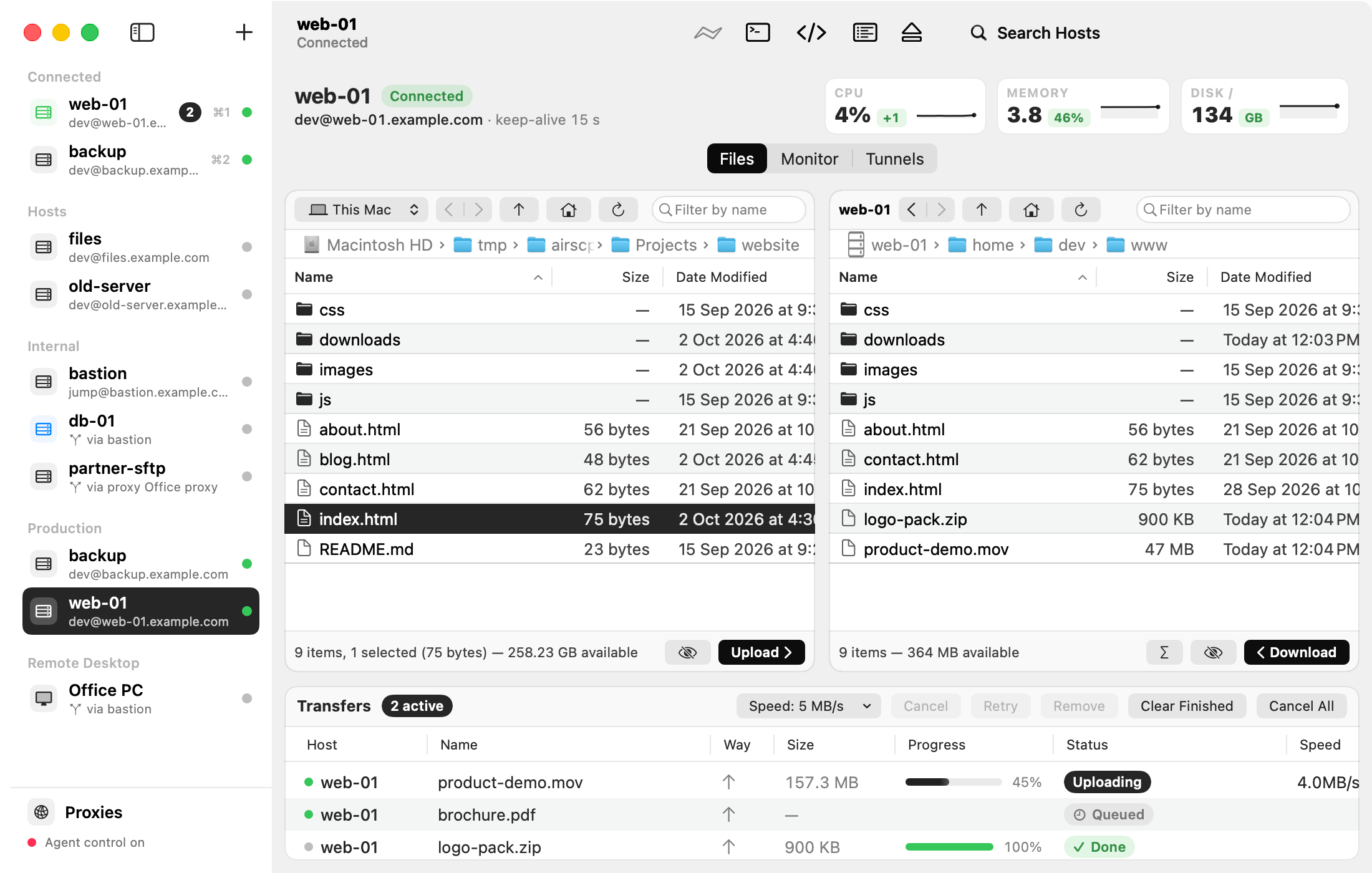 The AirSCP window: saved servers on the left, files on this Mac and on a server side by side, and transfers at the bottom