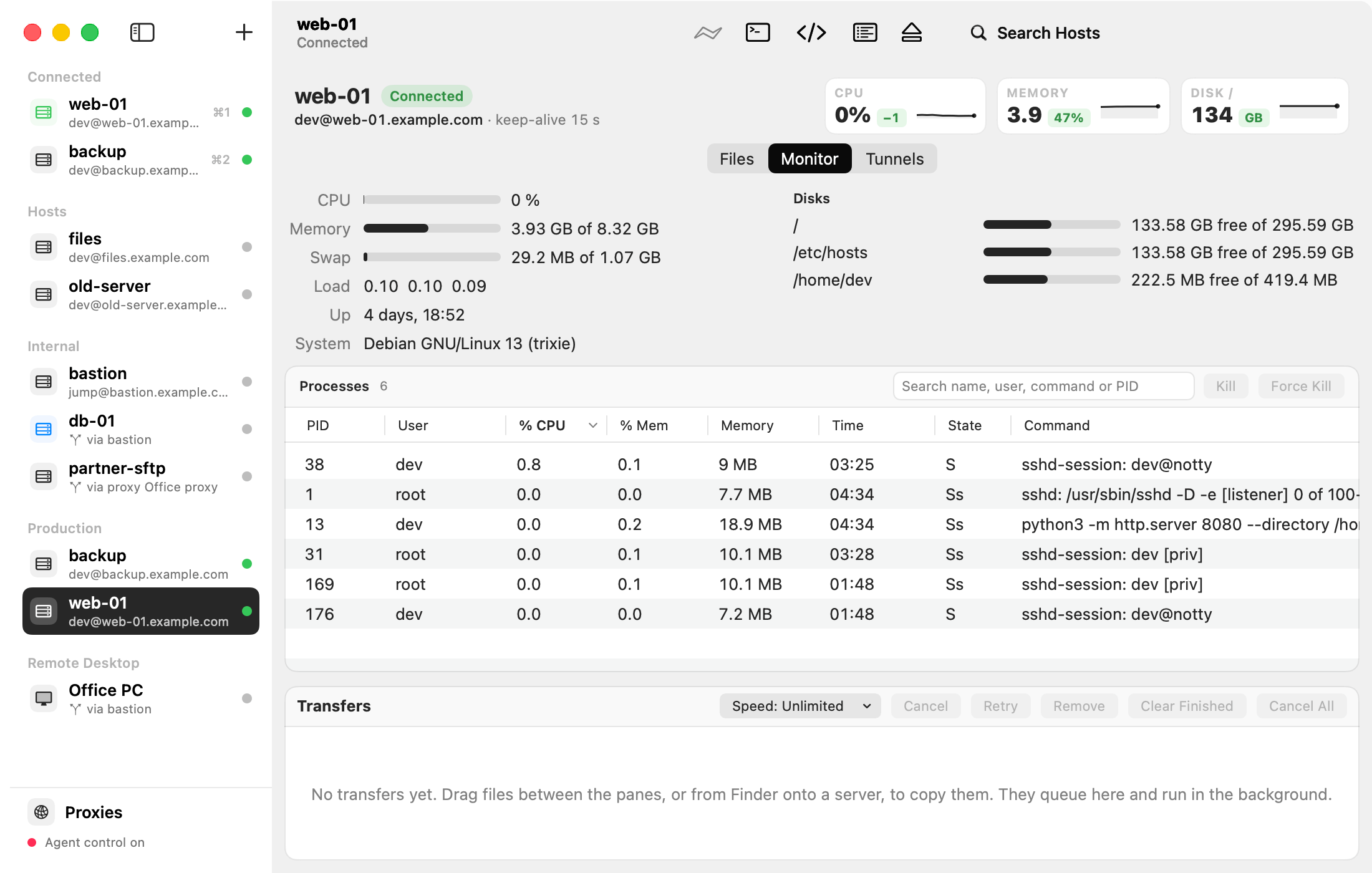The Monitor tab: CPU, memory, swap, load, uptime, disks and the list of processes