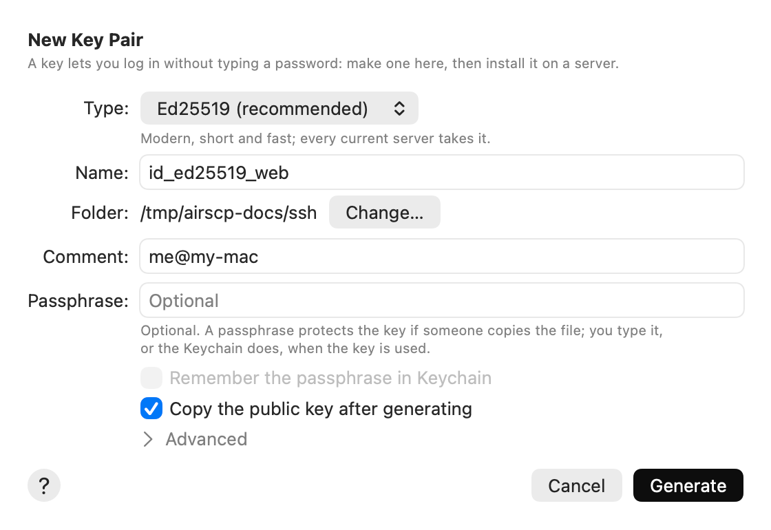 The New Key Pair sheet: Ed25519, a name, the folder, a comment and an optional passphrase