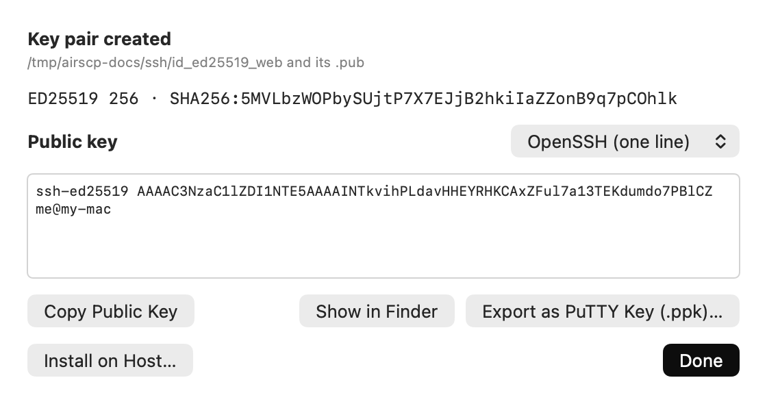 Key pair created: the fingerprint, the public key and Copy Public Key, Install on Host and Export buttons