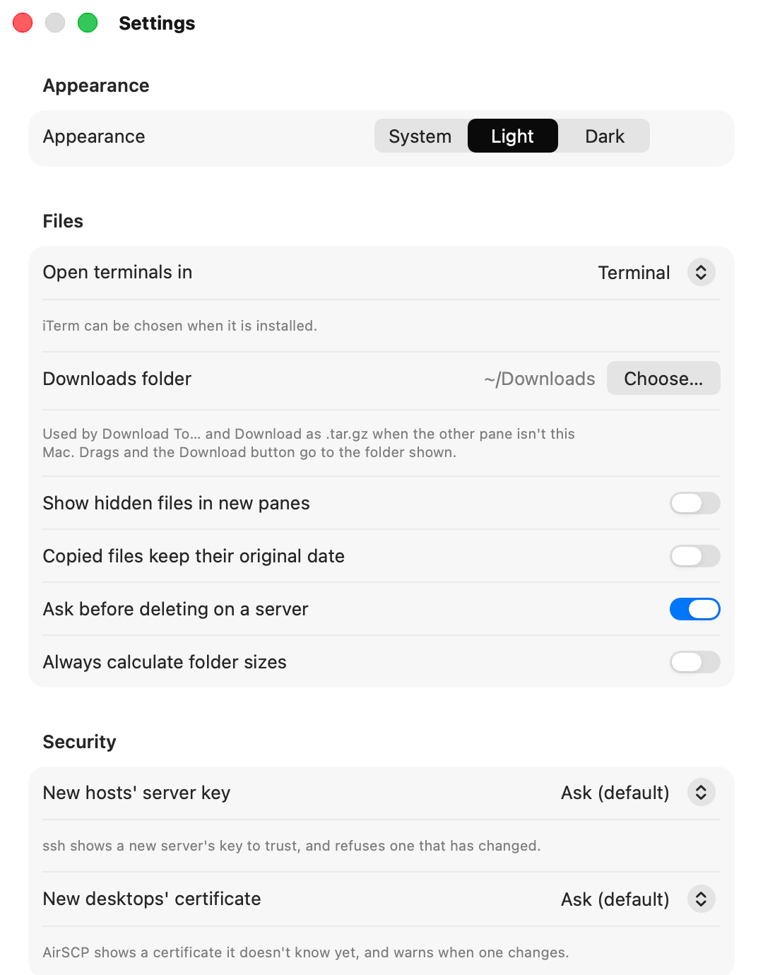 Settings: Appearance, Files and Security