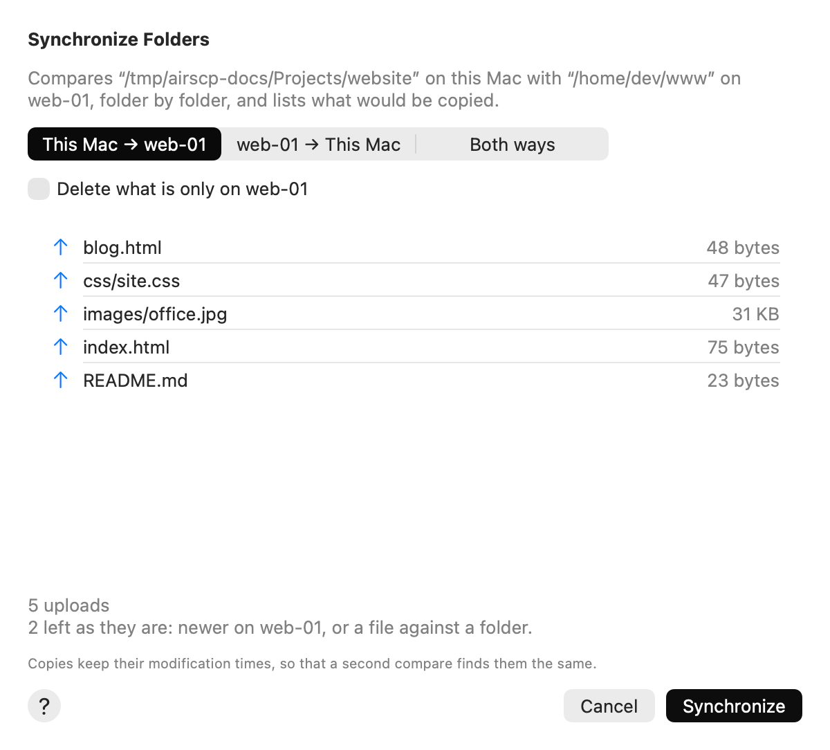 The Synchronize Folders sheet: five uploads from this Mac to web-01