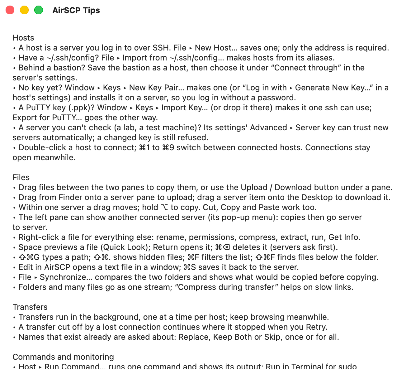 The AirSCP Tips window with tips about hosts, files and transfers