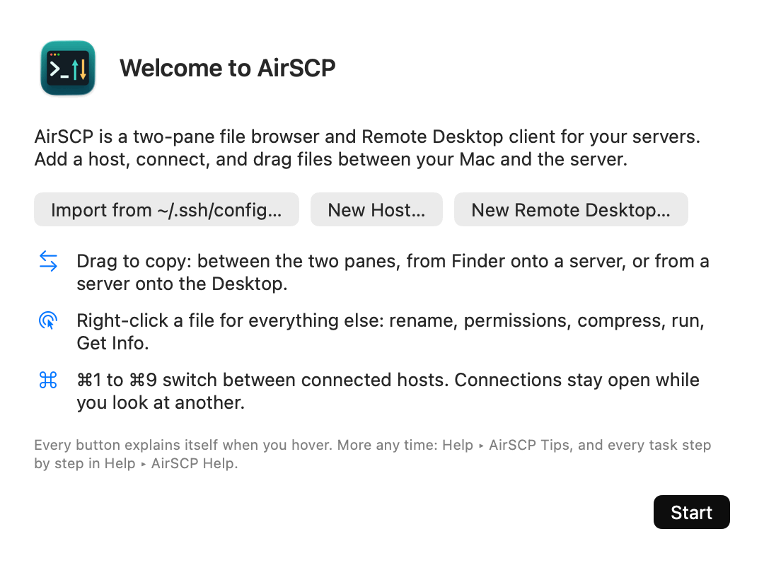 The Welcome to AirSCP sheet with Import from ~/.ssh/config, New Host and New Remote Desktop buttons and three tips